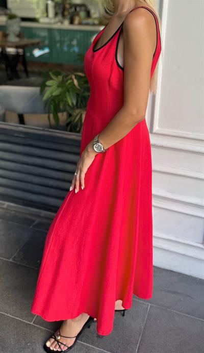 SİYAH ŞERİTLİ KETEN ELBİSE KIRMIZI