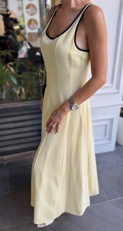 SİYAH ŞERİTLİ KETEN ELBİSE SARI