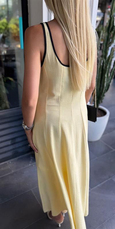 SİYAH ŞERİTLİ KETEN ELBİSE SARI