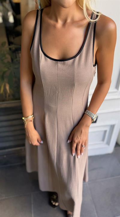 SİYAH ŞERİTLİ KETEN ELBİSE VİZON