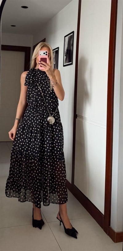SİYAH SHENA PUANTİYELİ ELBİSE