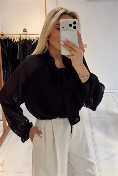 SİYAH ŞİFON BAĞLAMA DETAYLI BLUZ