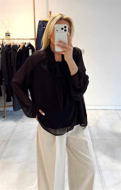 SİYAH ŞİFON BAĞLAMA DETAYLI BLUZ