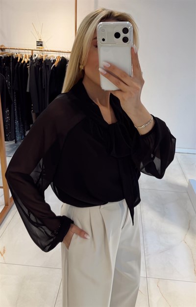 SİYAH ŞİFON BAĞLAMA DETAYLI BLUZ