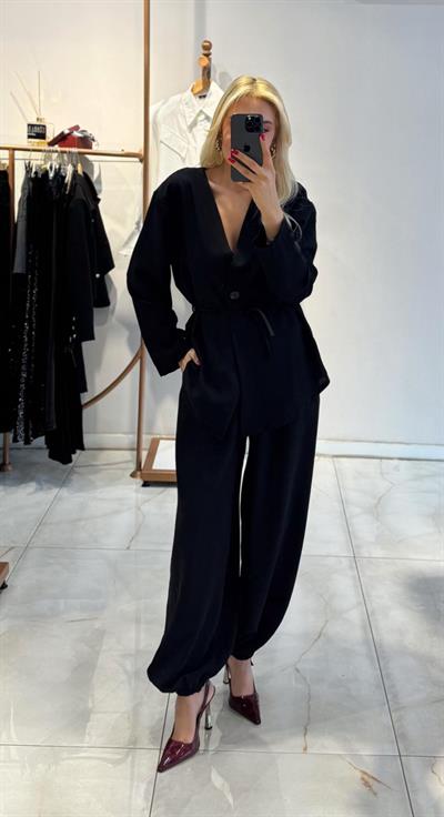 SİYAH TEK DÜĞMELİ BAĞLAMALI ŞALVAR PANTOLON TAKIM