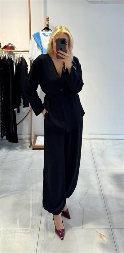 SİYAH TEK DÜĞMELİ BAĞLAMALI ŞALVAR PANTOLON TAKIM