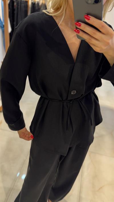 SİYAH TEK DÜĞMELİ BAĞLAMALI ŞALVAR PANTOLON TAKIM