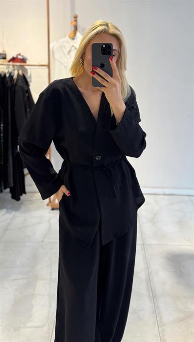 SİYAH TEK DÜĞMELİ BAĞLAMALI ŞALVAR PANTOLON TAKIM