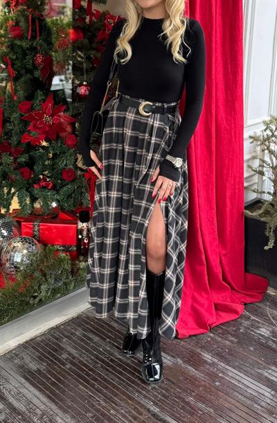 SİYAH YIRTMAÇLI KEMERLİ EKOSE ETEK