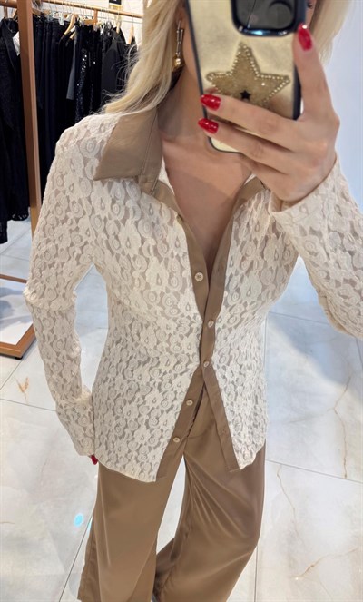 SÜTLÜ KAHVE SATEN GARNİLİ DANTEL GÖMLEK SATEN PANTOLON TAKIM