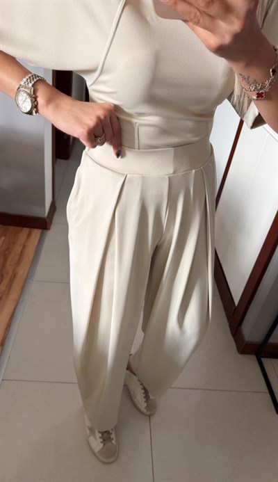 TAŞ ÜST BELİ LASTİKLİ PANTOLON DİOGONEL KUMAŞ TAKIM