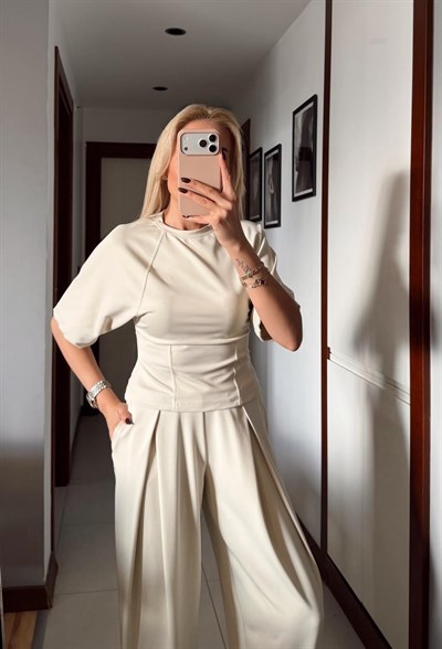 TAŞ ÜST BELİ LASTİKLİ PANTOLON DİOGONEL KUMAŞ TAKIM