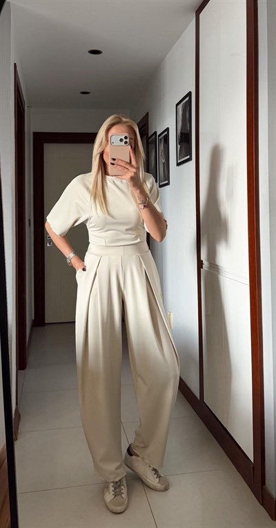 TAŞ ÜST BELİ LASTİKLİ PANTOLON DİOGONEL KUMAŞ TAKIM