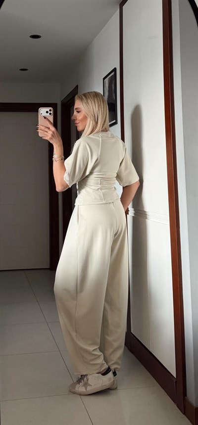 TAŞ ÜST BELİ LASTİKLİ PANTOLON DİOGONEL KUMAŞ TAKIM