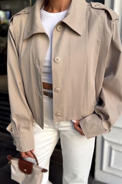 TAŞ VATKALI PENS DETAYLI ASTARLI KISA TRENÇKOT