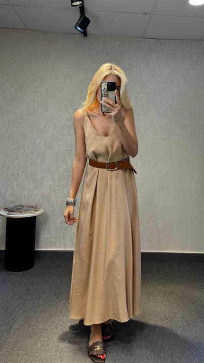 TENSEL ASKILI MAXİ BOY ELBİSE CAMEL