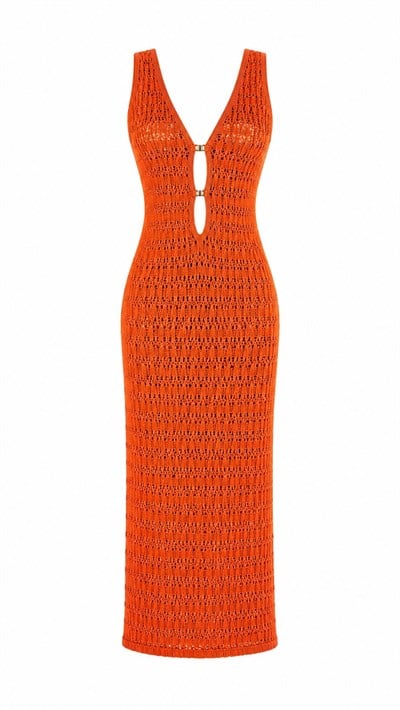TURUNCU ÖNÜ KANCA DETAY BEACHWEAR ELBİSE