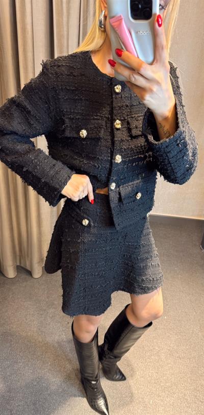 TÜVİT ŞORT ETEK GOLD DÜĞMELİ CEKET TAKIM SİYAH