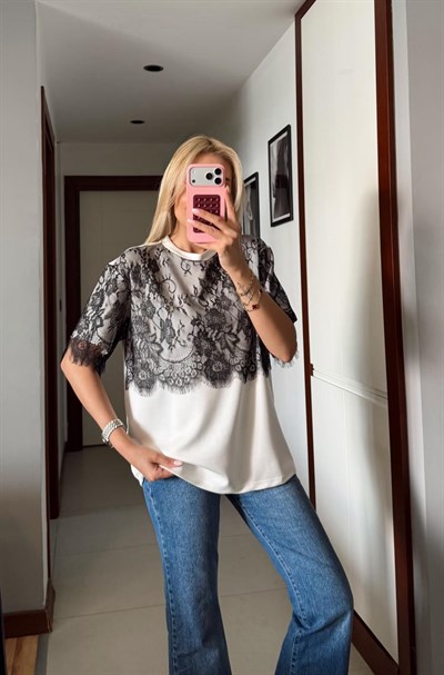 ÜST KISMI DANTELLİ TSHİRT