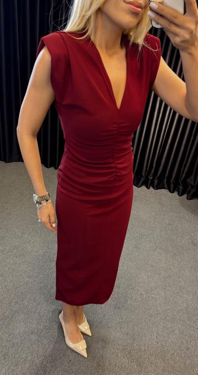 V YAKA DRAPELİ VATKALI MİDİ BOY CREP ELBİSE BORDO