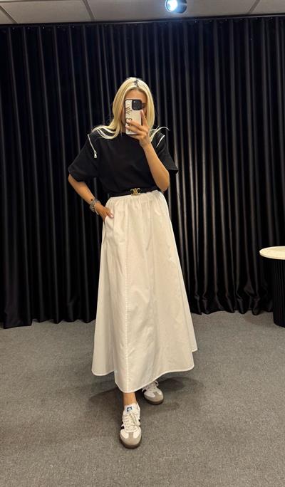 VOLANLI POPLİN ETEK BEYAZ