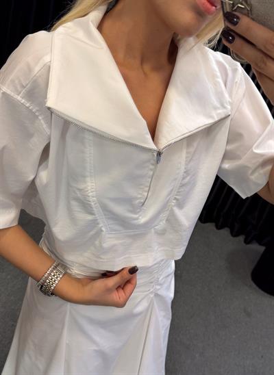 YAKA FERMUARLI POPLİN CROP BEYAZ