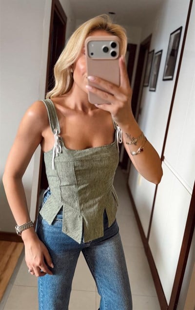 YEŞİL SIRTI FERMUARLI KALIN ASKILI KORSE BÜSTİYER