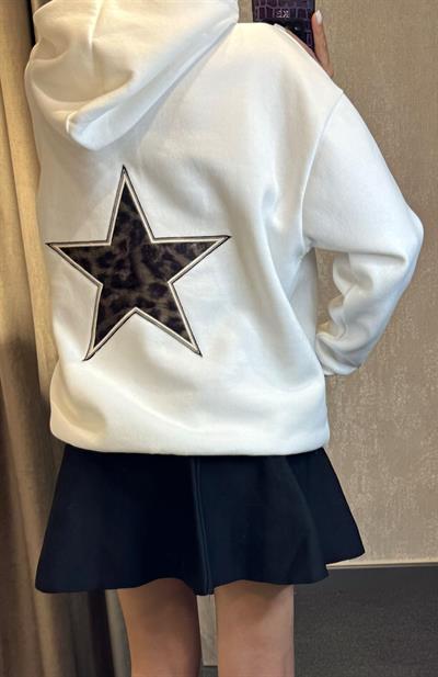 YILDIZ DESENLİ KAPÜŞONLU SWEATSHİRT BEYAZ