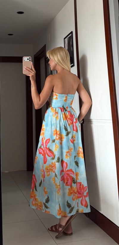 ZR MODEL ÇİÇEK DESENLİ MİDİ ELBİSE