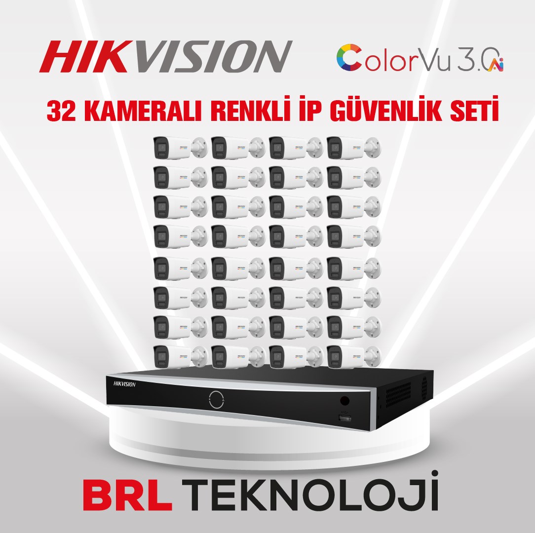 Hikvision 4 MP 32 Kameralı ColorVu 3.0 AI İp Güvenlik Kamera Seti DS-2CD1047G3-LIUF (Dahili Mikrofonlu)