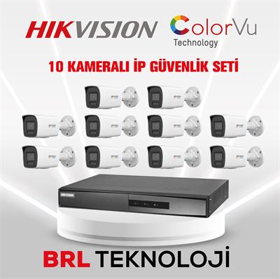 Hikvision 10 Kameralı 2 Mp ColorVu İp Güvenlik Kamera Seti DS-2CD1027G2H-LIUF (Dahili Mikrofonlu)