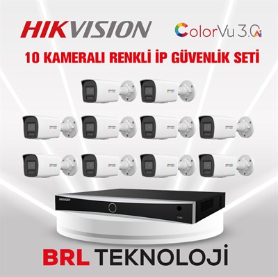 Hikvision 4 MP 10 Kameralı ColorVu 3.0 AI  İp Güvenlik Kamera Seti DS-2CD1047G3-LIUF (Dahili Mikrofonlu)