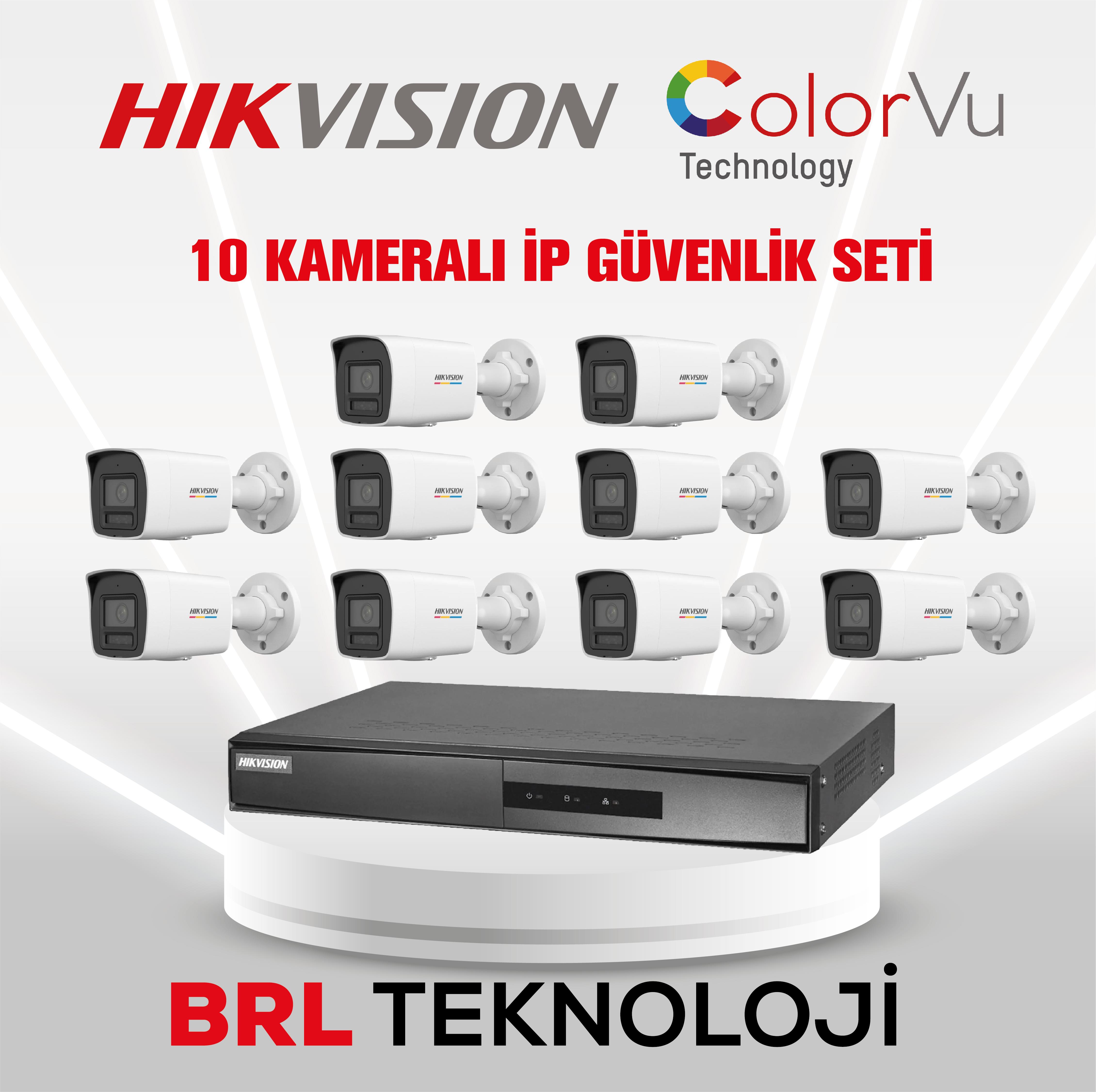 Hikvision 10 Kameralı 2 Mp ColorVu İp Güvenlik Kamera Seti DS-2CD1027G2H-LIUF (Dahili Mikrofonlu)