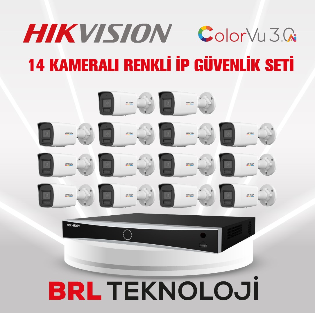Hikvision 4 MP 14 Kameralı ColorVu 3.0 AI  İp Güvenlik Kamera Seti DS-2CD1047G3-LIUF (Dahili Mikrofonlu)