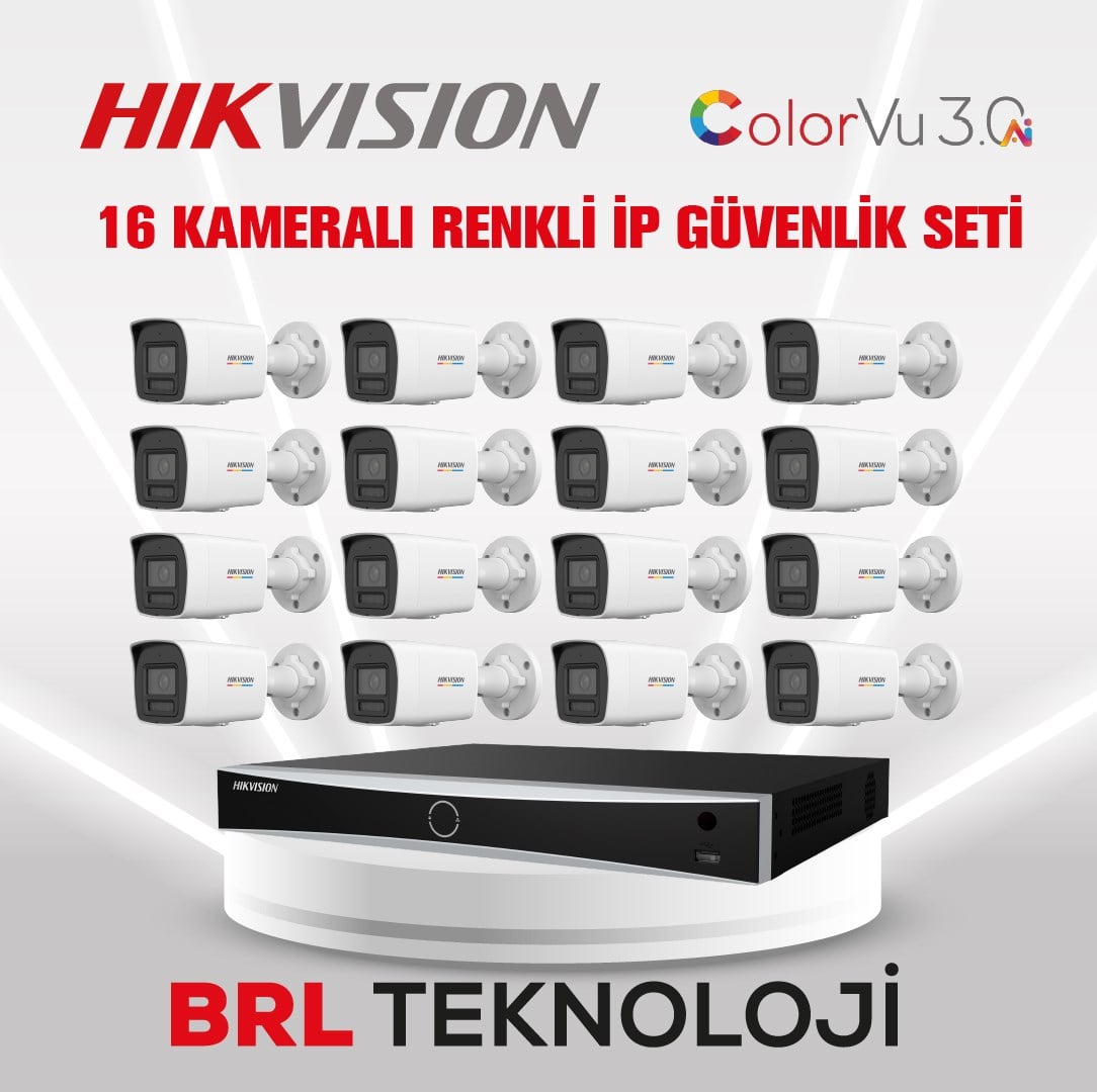 Hikvision 4 MP 16 Kameralı ColorVu 3.0 AI  İp Güvenlik Kamera Seti DS-2CD1047G3-LIUF (Dahili Mikrofonlu)