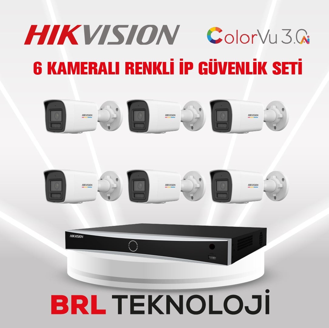 Hikvision 4 MP 6 Kameralı ColorVu 3.0 AI  İp Güvenlik Kamera Seti DS-2CD1047G3-LIUF (Dahili Mikrofonlu)