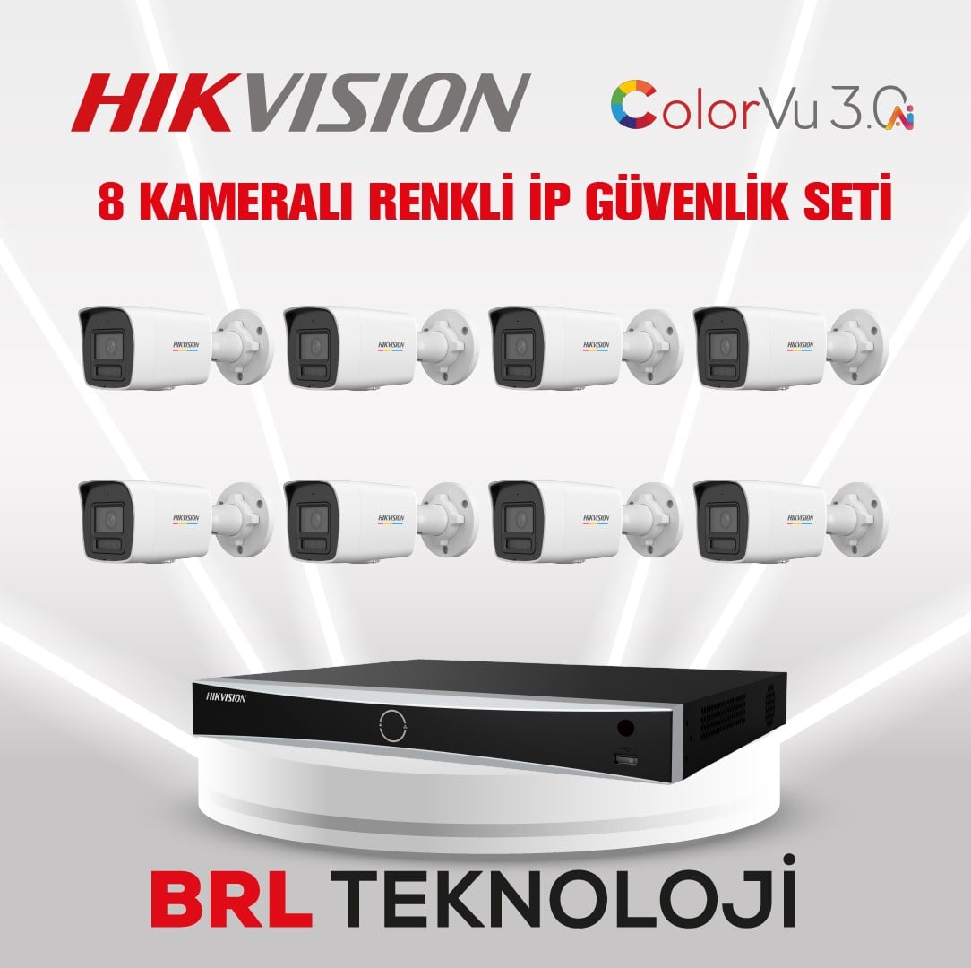 Hikvision 4 MP 8 Kameralı ColorVu 3.0 AI  İp Güvenlik Kamera Seti DS-2CD1047G3-LIUF (Dahili Mikrofonlu)