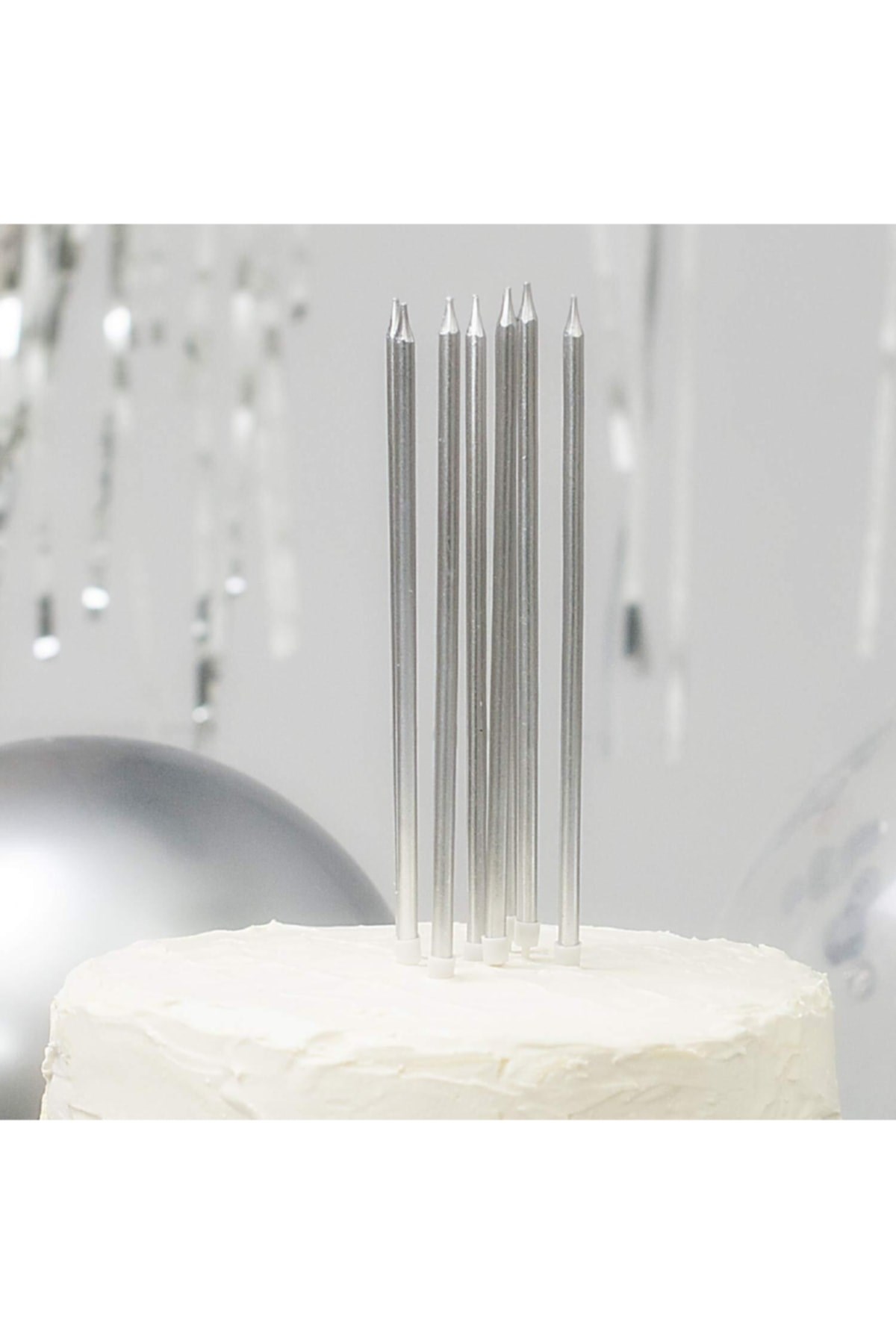 14 Cm Gümüş Varaklı Mum 6lı Gri Silver Ince Uzun Doğum Günü Parti Süsü Pasta Yaş Mumu Ve Altlığı