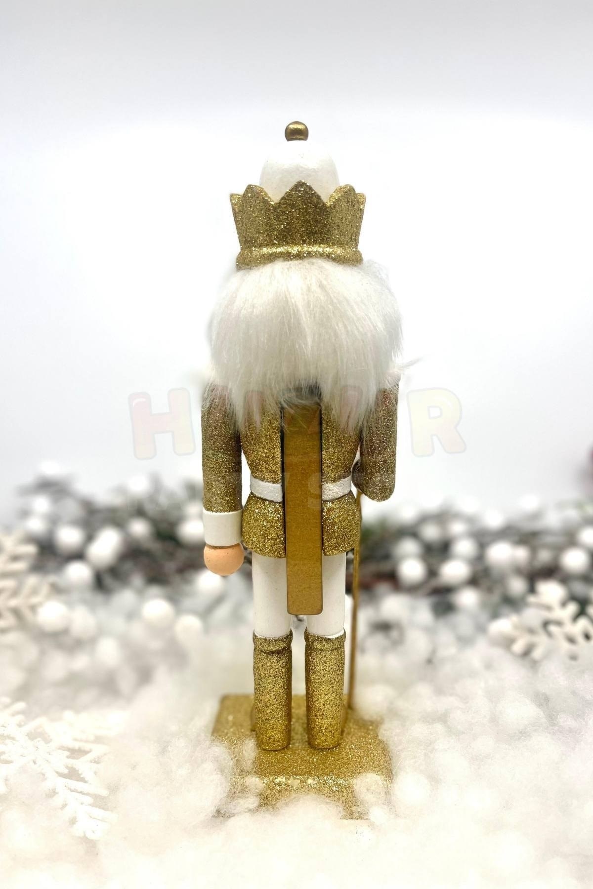 25 Cm Mızraklı Fındıkkıran Gold Beyaz Renkli Kurşun Asker Simli Nutcracker Yılbaşı Yeni Yıl Dekoru