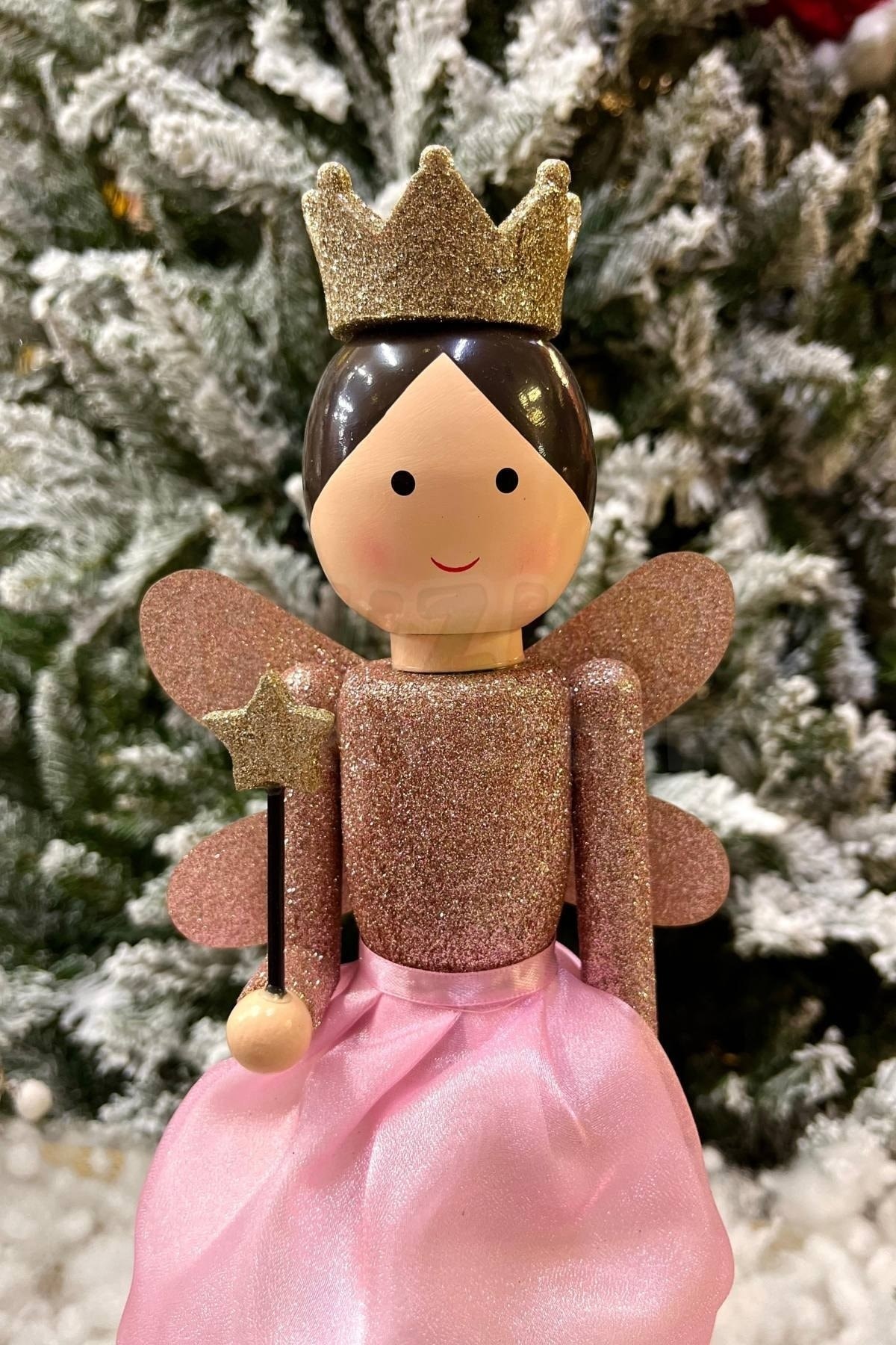 36 Cm Melek Fındıkkıran Pembe Rose Gold Renkli Yıldız Asalı Nutcracker Simli Yılbaşı Yeni Yıl Dekoru