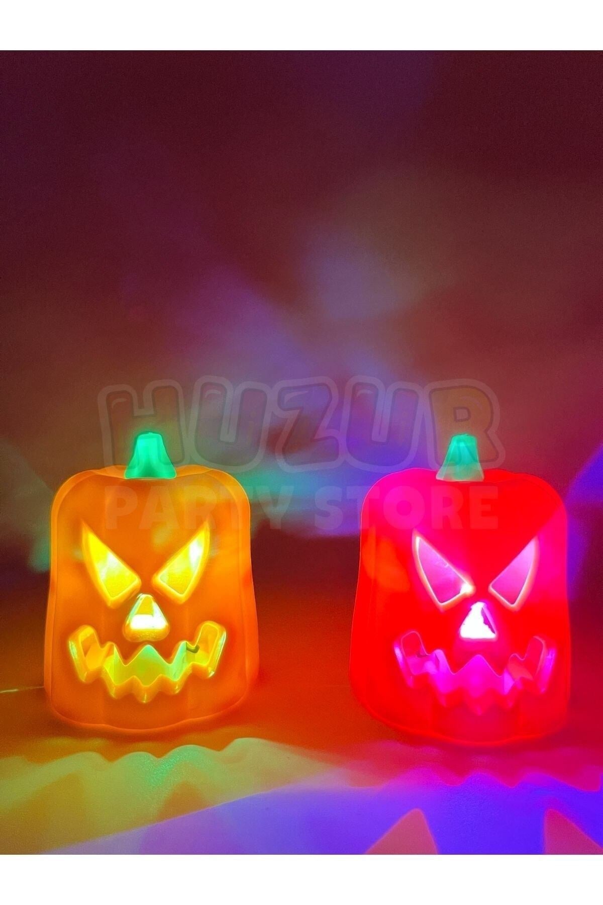 Balkabağı Şekilli Rengarenk Işıklı Pilli Büyük Tealight Mum Halloween Cadılar Bayramı 3 Adet 7x5 Cm