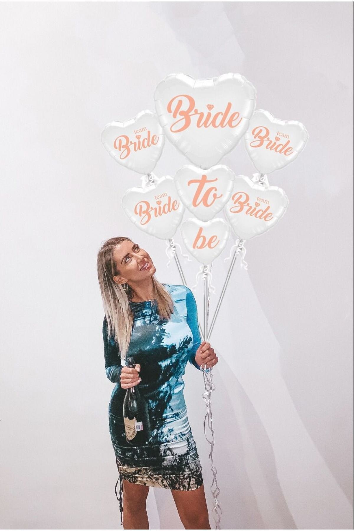 Bride To Be 5 Parça 7 Balon Folyo Kalp Set Beyaz Üstüne Rose Gold Renk 100 Cm Bekarlığa Veda Partisi