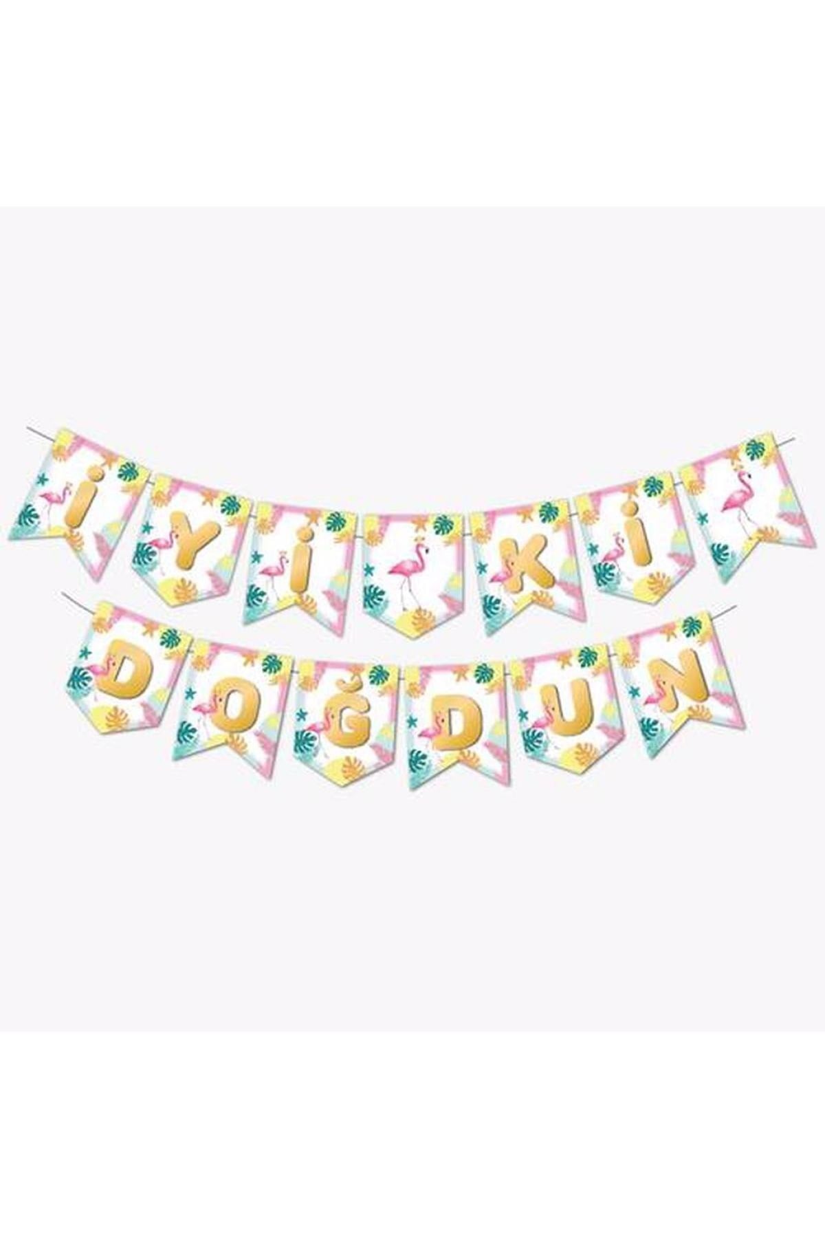 Flamingo Temalı Ananas Yaprak Parti Konsepti 2 Metre Iyiki Doğdun Yazısı Karton Yazı Zigzag Banner