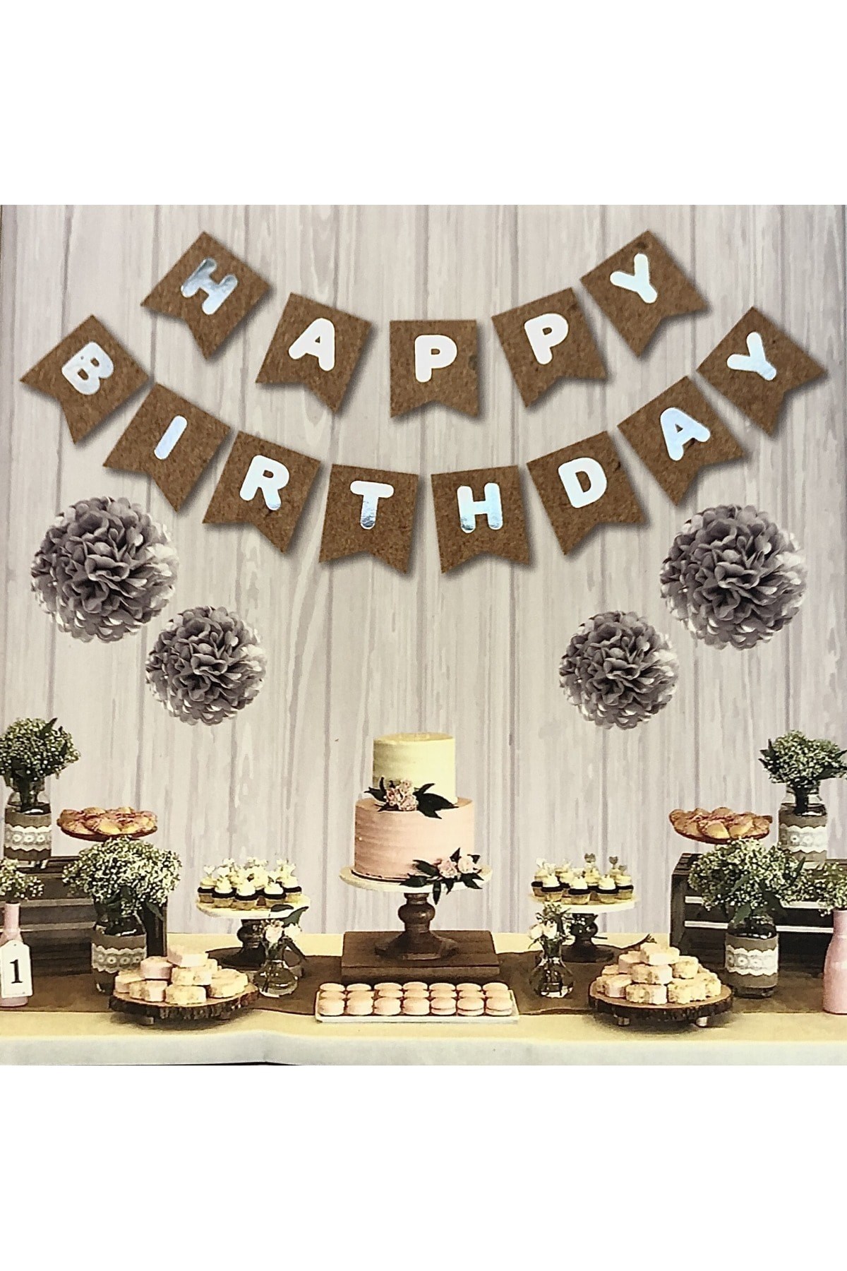 Kraft Karton Üstüne Gümüş Gri Yaldızlı Happy Birthday Yazılı Doğum Günü Partisi Ipli Yazı Banner
