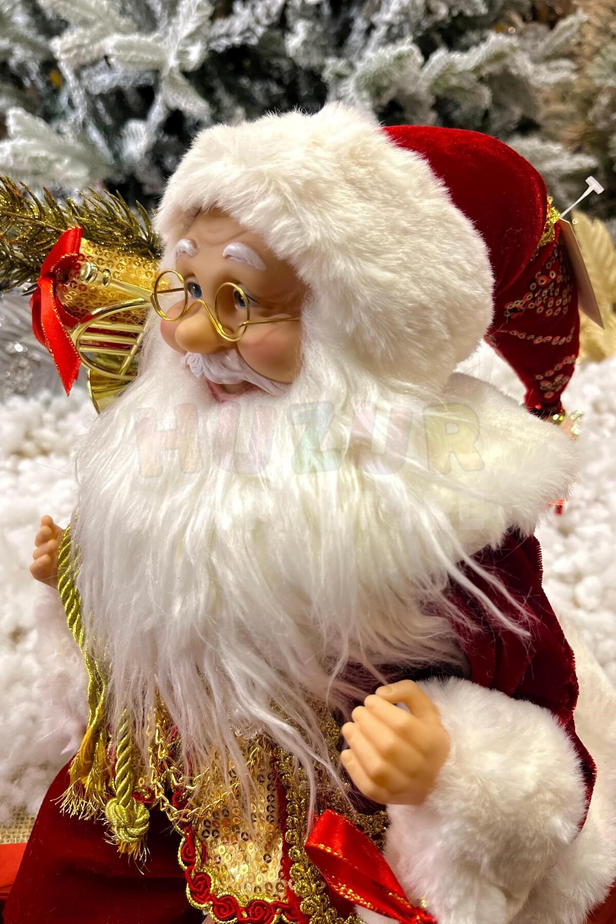 Oturan Noel Baba 45 Cm Kırmızı Kürklü Gold Çanlı Hediye Torbalı Oturabilen Yeni Yıl Yılbaşı Süsü