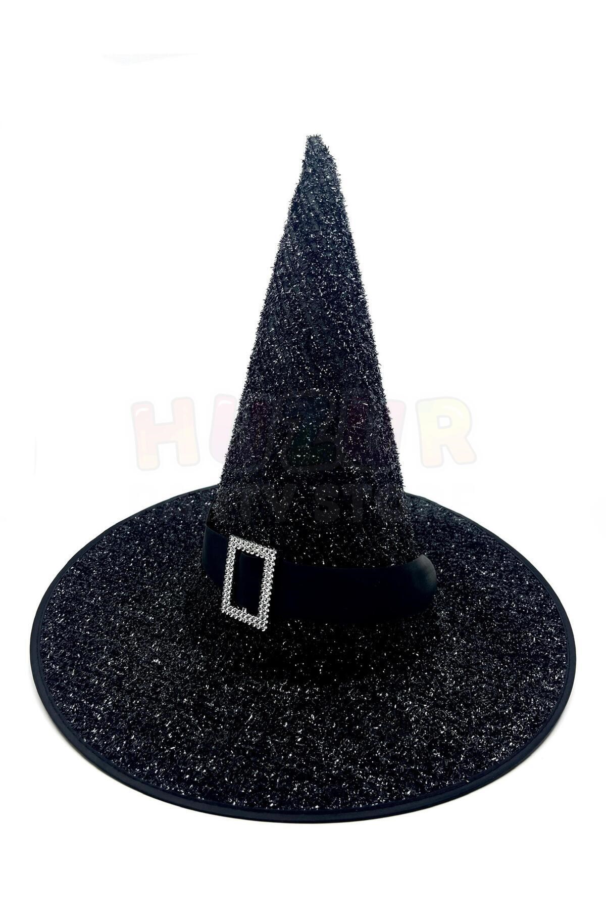 Parıltılı Halloween Cadı Şapkası Siyah Renk Kemerli Taş Detaylı Cadılar Bayramı Parti Aksesuarı