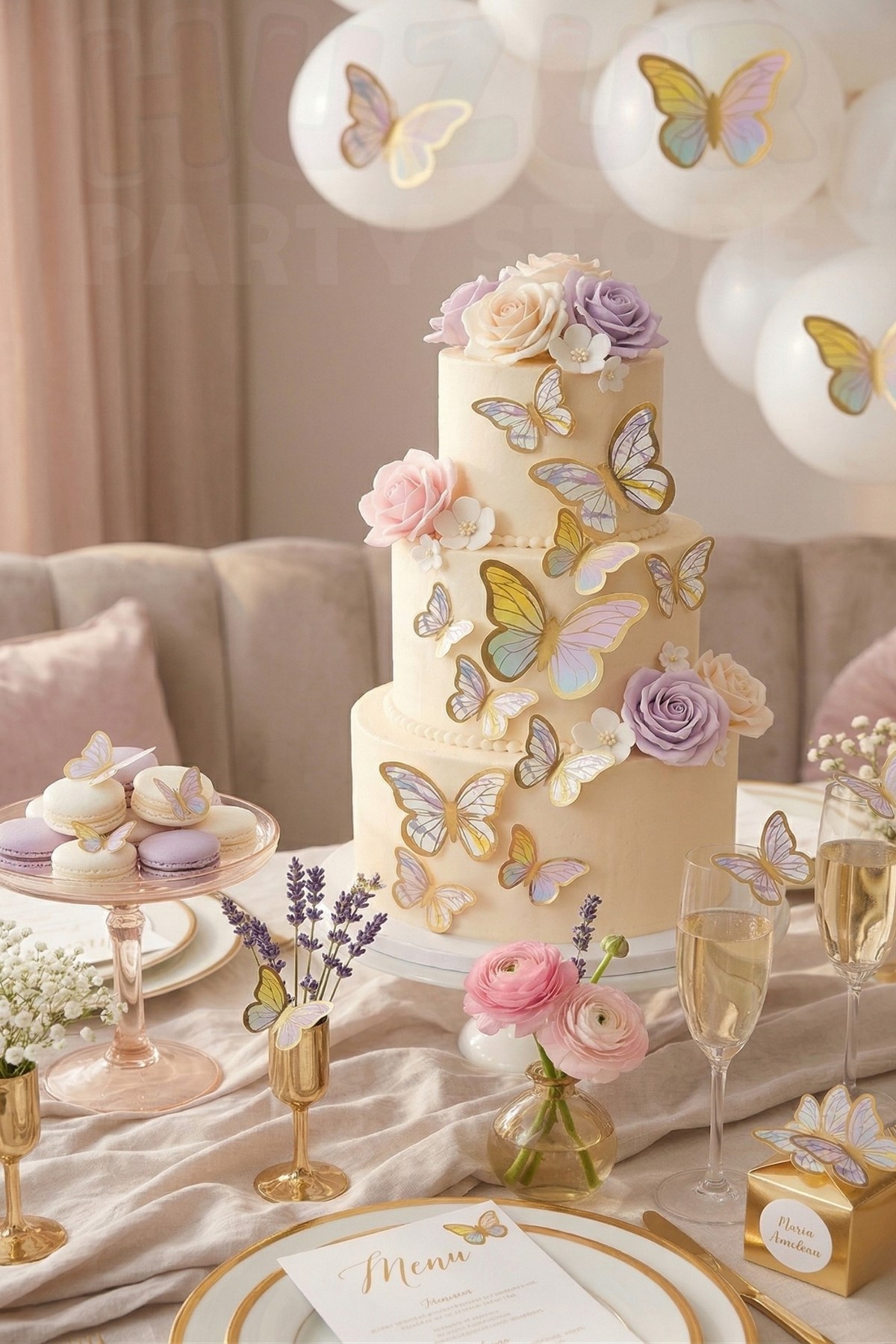 Pasta ve Balon Zinciri Süsü Makaron Renkli Kelebek 63 Parça 4-6 Cm Gold Yaldızlı Sert Karton Parti