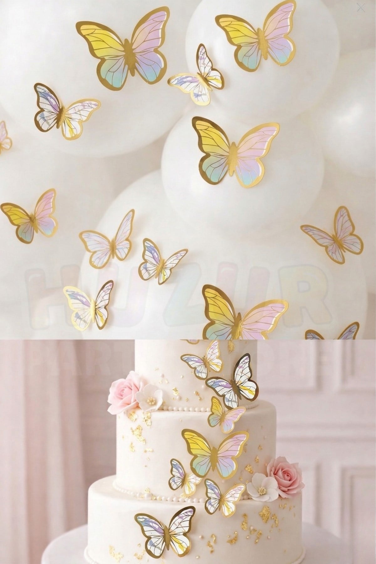 Pasta ve Balon Zinciri Süsü Makaron Renkli Kelebek 63 Parça 4-6 Cm Gold Yaldızlı Sert Karton Parti