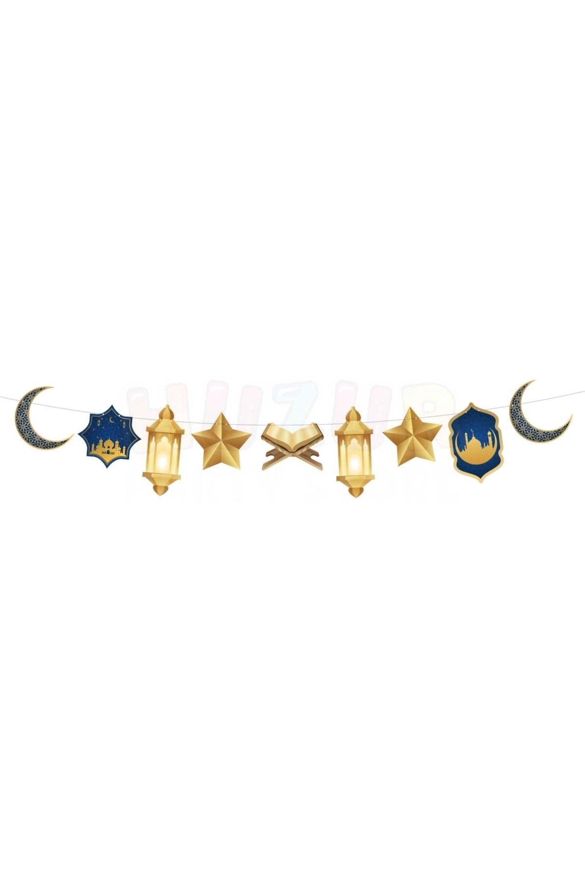 Ramazan Bayramı Dekoratif Asmalık Süs 140 Cm Lacivert Gold Banner Hilal Yıldız Kuran Mahya Cami Tema