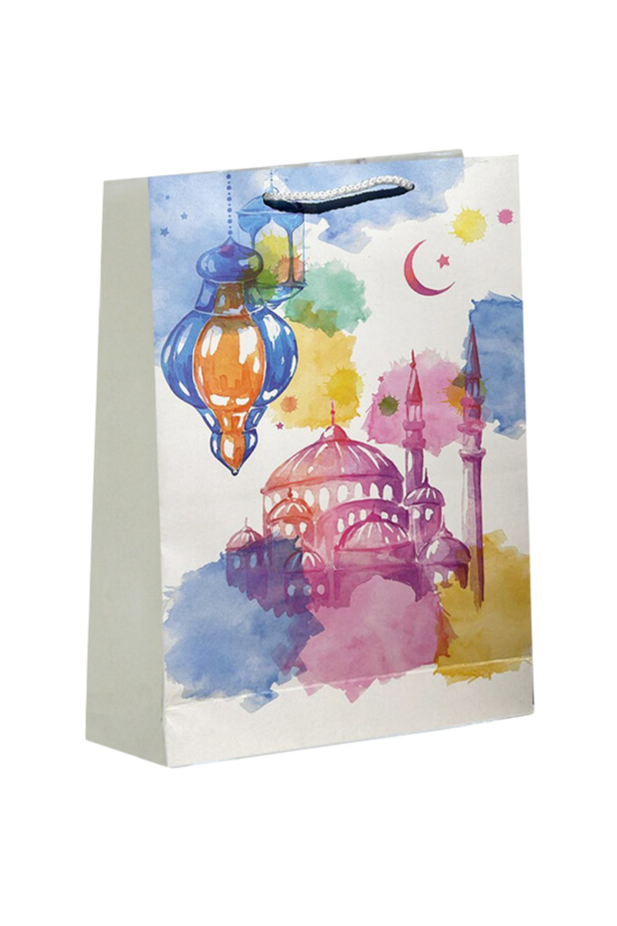 Ramazan Bayramı Karton Çanta Boya Püskürtme Temalı Cami Fener Hilal Yıldız Baskılı 40X26X8 Cm İpli